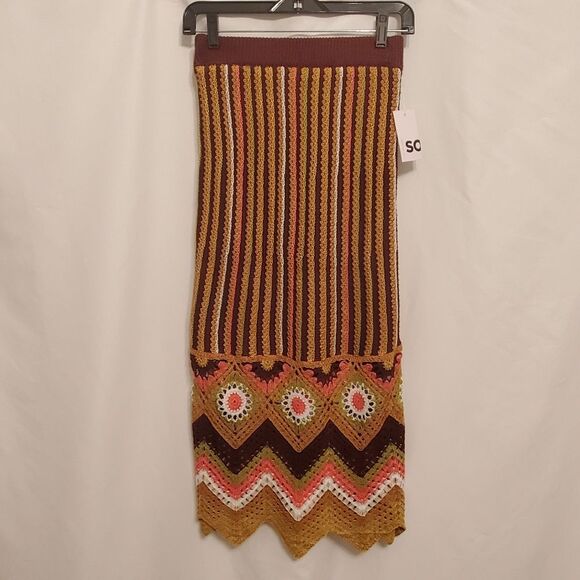 NWT SO Goods for Life Women's Skirt XS Brown Orange Crochet Knit Midi Boho - Picture 5 of 16